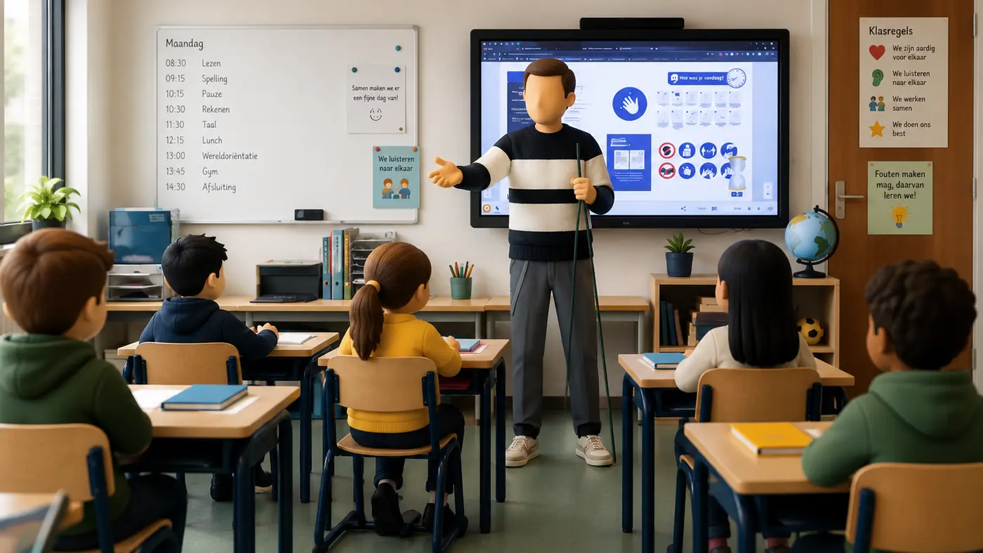 Leraar geeft les bij het digibord terwijl leerlingen in de klas meekijken